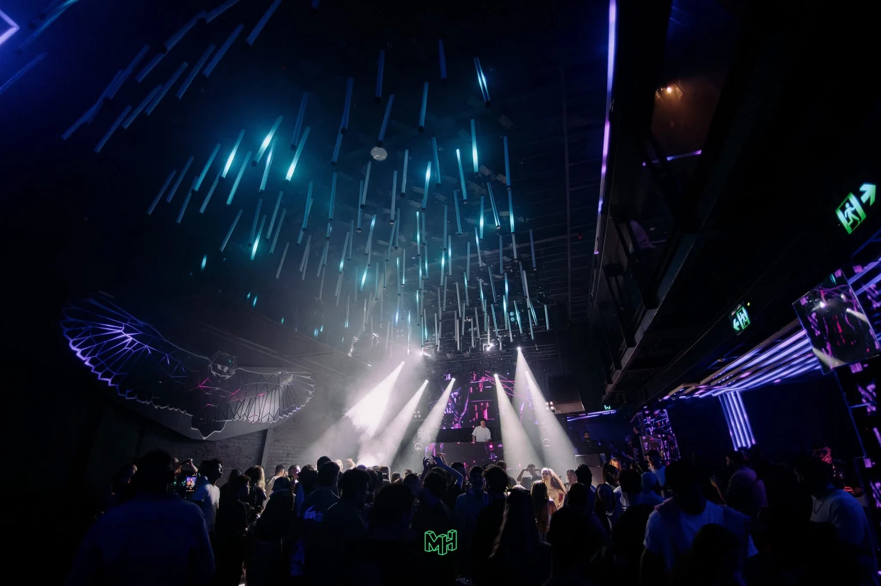 HASLOOM performing beneath blue club lights